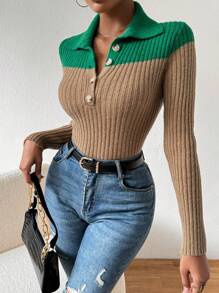 SHEIN Essnce Thon gọn Cổ áo Polo Khối màu Áo len dệt kim - Nhiều màu - Xem 5