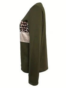SHEIN EZwear Leopard Printed Long Sleeve T-Shirt - Army Green - View 3