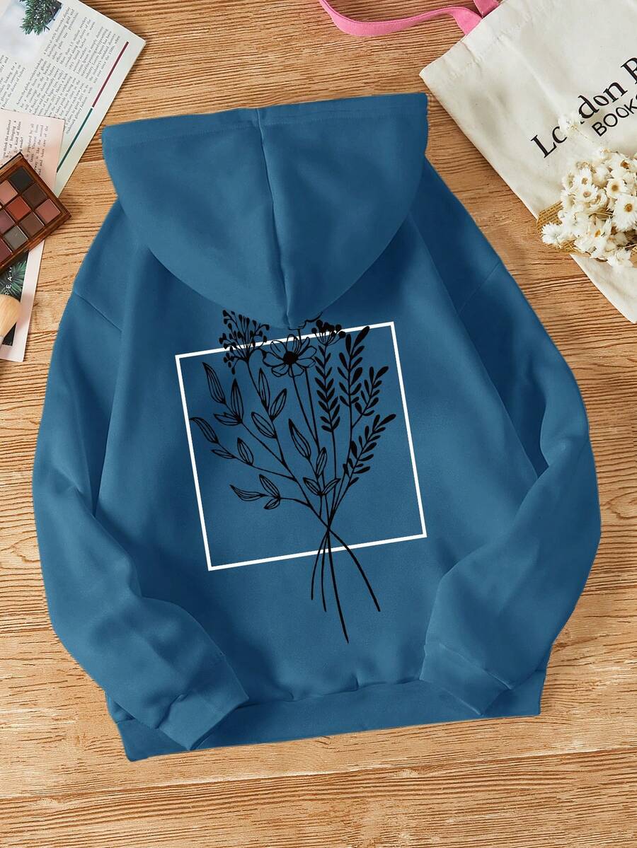 SHEIN EZwear Women's Botanical Print Hooded Sweatshirt - Dusty Blue - View 1