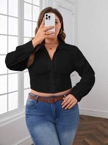 SHEIN Essnce 大尺碼女裝翻領長袖襯衫 - 黑色 - 查看 4
