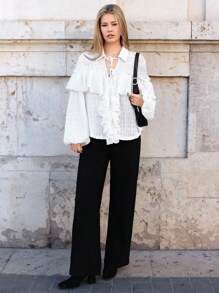 SHEIN Frenchy Tie Neck Ruffle Lantern Sleeve Blouse Winter White Casual