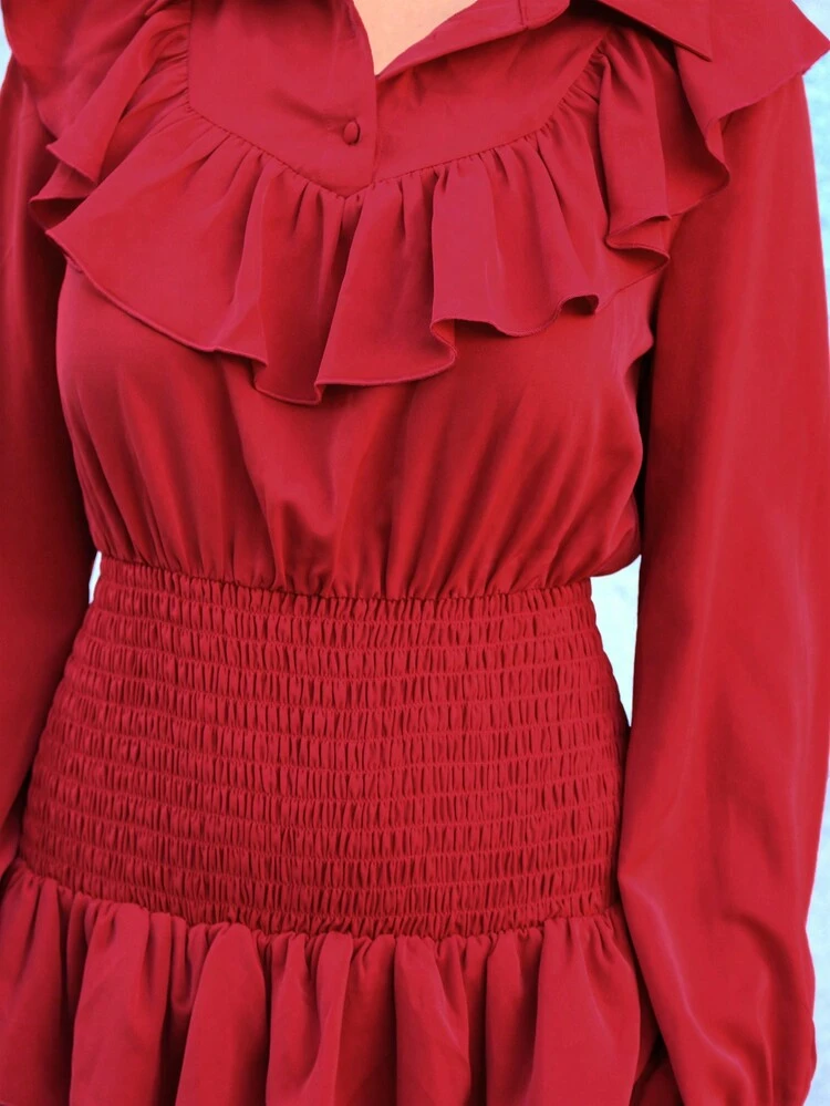 Solid Color Shirt Collar Shirred Detail Mini Dress With Ruffle Trim Christmas Winter New Year Casual