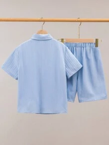 SHEIN Setelan 2 Potong Kemeja dan Celana Pendek Tenun Garis Jacquard Kasual Longgar untuk Anak Laki-laki Remaja - Baby Blue - View 2
