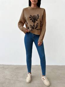 EURMUSE Của phụ nữ Hình hoa Thả vai Áo len - Lạc đà - Xem 3