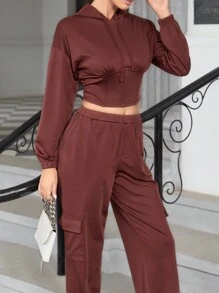 SHEIN Unity Women'S Solid Color 2-Piece Set - Rust Brown - View 7