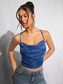 SHEIN BAE 垂墜露背交叉褶邊金屬亮絲吊帶上衣 - 寶藍色 - 查看 3