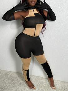 Slaydiva Mesh High Neck Colorblock Sleeveless Unitard Jumpsuit With Long Sleeve Arm Warmer - Multicolor - View 5
