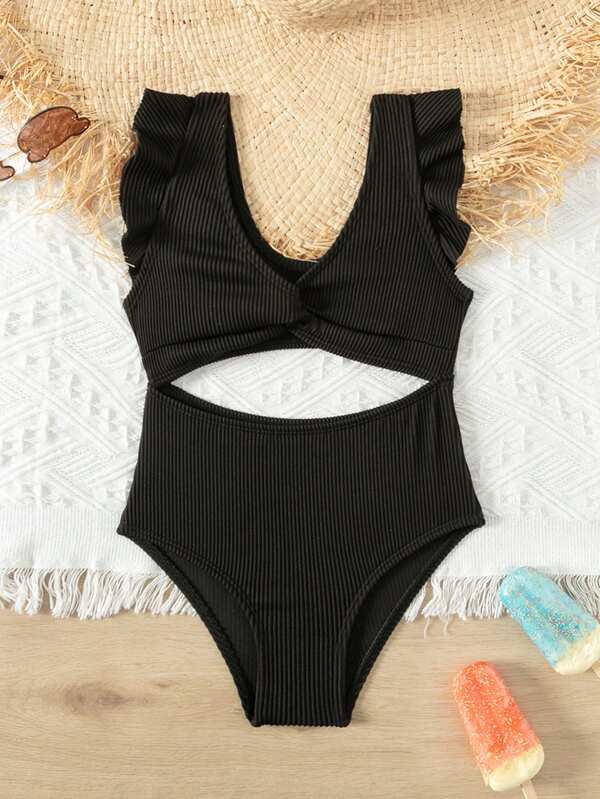Young Girl One-Piece Swimsuit With Lace Decoration, Button Design And Hollow Out Details