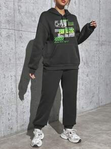 SHEIN EZwear Women'S Scenery Printed Hoodie And Sweatpants Set - Dark Grey - View 3