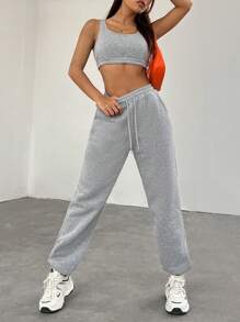 SHEIN EZwear 女款純色短背心和連身褲套裝 - 灰色 - 查看 5