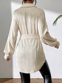 SHEIN Frenchy Women's Solid Color Textured Belted Shirt - White - View 2