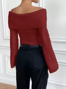 SHEIN Unity 露肩長袖短版毛衣 - 紅色 - 查看 2