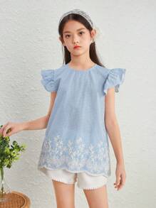 SHEIN Chemise À Rayures À Manches Courtes À Volants Décontractée À Encolure Ronde Pour Filles Pré-adolescentes - Multicolore - Voir 3