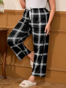 女款大尺寸格子家居服睡眠短褲 - 黑色 - 查看 4