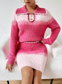 SHEIN Unity 女士漸變色骆驼毛短領毛衣2件/套裝 - 粉色 - 查看 1