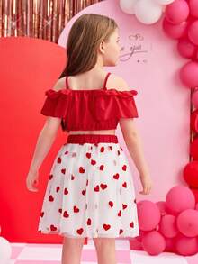 SHEIN 幼兒女童短袖上衣荷葉邊飾心型網眼裙套裝 - 彩色 - 查看 2