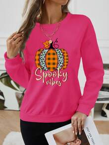 Women's Letter & Pumpkin Print Long Sleeve Sweatshirt - Hot Pink - View 6
