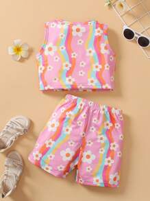 小女孩花卉條紋印花無袖上衣和短褲套裝 - 粉色 - 查看 2