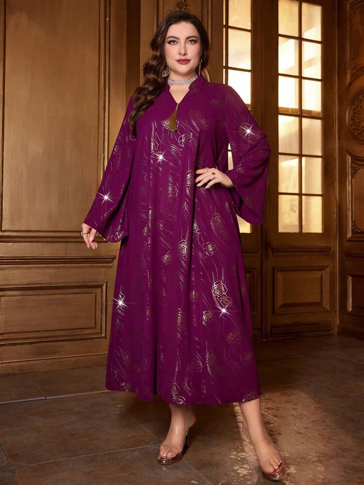Plus Size Women'S Long Sleeve Dress With Gold Stamped Floral Print Kaftan Jalabiya Dress