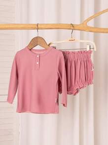 Baby Girls' Button-Front Long Sleeve T-Shirt And Ruffle-Trimmed Shorts Set - Purple - View 1