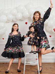 女童花卉印花方領長袖時尚休閒裝,親子裝（單件獨賣3件） - 黑色 - 查看 1