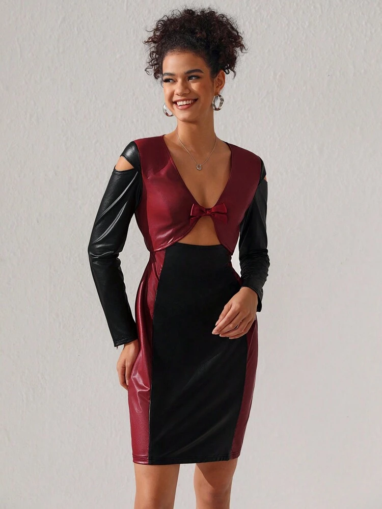Designer Bow Design Decorative Cut Out Details Color Block Synthetic Leather Dress, Elegant Dress, For Holiday, Party, Birthday Outfits, Spring, Festival, Wedding, Prom Dress