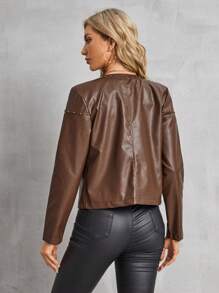 SHEIN LUNE Của phụ nữ chất liệu da PU Áo khoác Trang trí Với - Màu Khaki - Xem 2