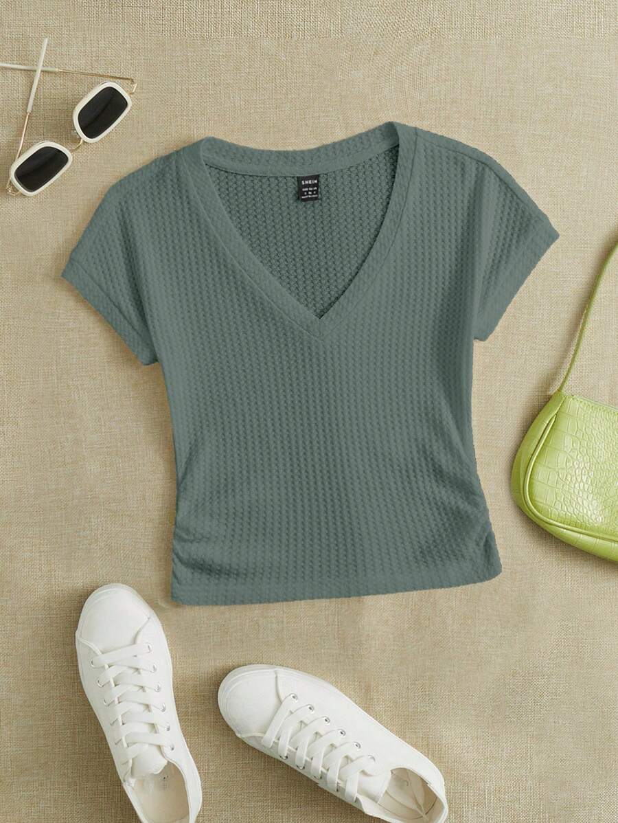 SHEIN EZwear Dệt kim Quý cô Dệt kim Waff Lưới Cổ chữ V Áo thun - Màu xanh Ô liu - Xem 1