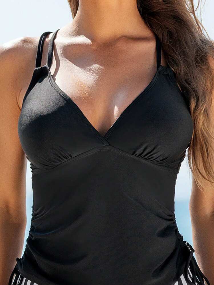 Summer Drawstring Side Stripes Pattern Tankini Swimwear Set With Shoulder Straps Carnival