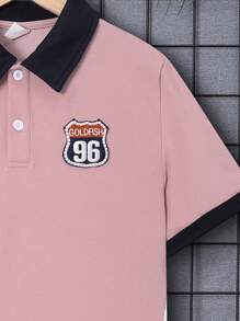 Boys' Loose Fit Casual Color Block Polo Shirt With Turn-Down Collar And Letters Patch, Short Sleeve - Pink - View 5