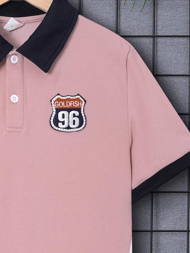 Boys' Loose Fit Casual Color Block Polo Shirt With Turn-Down Collar And Letters Patch, Short Sleeve