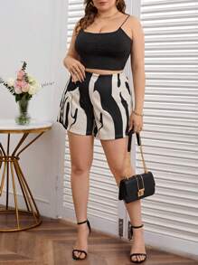 SHEIN Privé 大码女式短裤时尚印花不对称图案针织面料弹力黑色/杏色，适合春季旅行、夏季郊游、约会和晚餐 - 黑色 - 查看 6