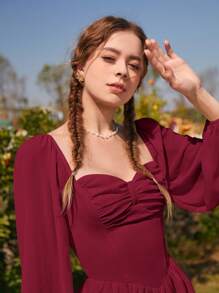 SHEIN MOD Pleated Bust Lantern Sleeve Red Date Night Dress - Burgundy - View 4