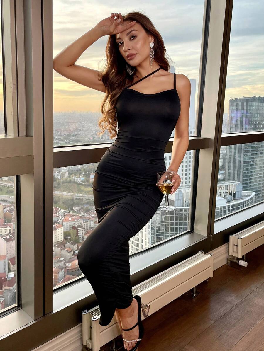 EURMUSE One Shoulder Ruched Bodycon Dress - Black - View 1