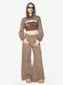 ROMWE Grunge Punk 宽腿 Maillard 牛仔裤，配有实用口袋和宽松版型 - 卡其色 - 查看 1