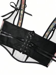 Floral Print Tie Shoulder Cami Top - Black - View 5