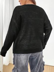 Flirla Pull oversize décontracté pour femmes avec imprimé slogan, tricot pull automne hiver - Noir - Voir 2