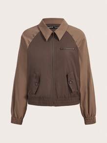 SHEIN EZwear Chaqueta con cremallera delantera, mangas raglán y bloques de color para mujer en otoño/invierno - Marrón - Ver 1