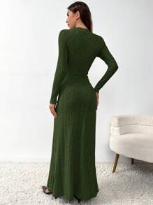 SHEIN Privé 女士皺褶鬆緊針織連衣裙 - 綠色 - 查看 2