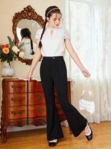 SHEIN 少女編織拼接蕾絲空心寬鬆休閒襯衫 - 白色 - 查看 4