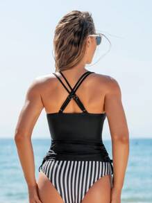 SHEIN Swim 夏季抽绳侧条纹图案分体式泳衣套装带肩带狂欢节 - 彩色 - 查看 2