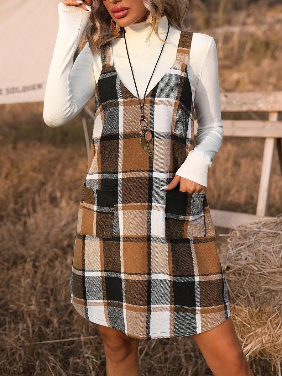 SHEIN Unity 女士格子印花背心連身裙 - 卡其色 - 查看 1