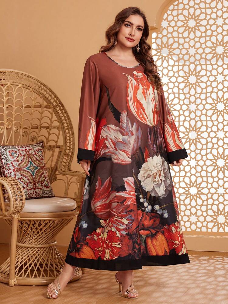 Plus Size Floral Print Bell Sleeve Dress