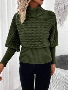 SHEIN Frenchy 女士高領鵝脯袖套頭毛衣 - 軍綠色 - 查看 1