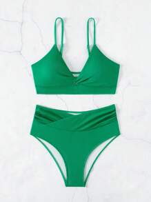 SHEIN Swim 夏季纯色扭纹比基尼套装 - 綠色 - 查看 5