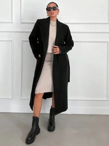 EURMUSE Lapel Collar Belted Wrap Coat
