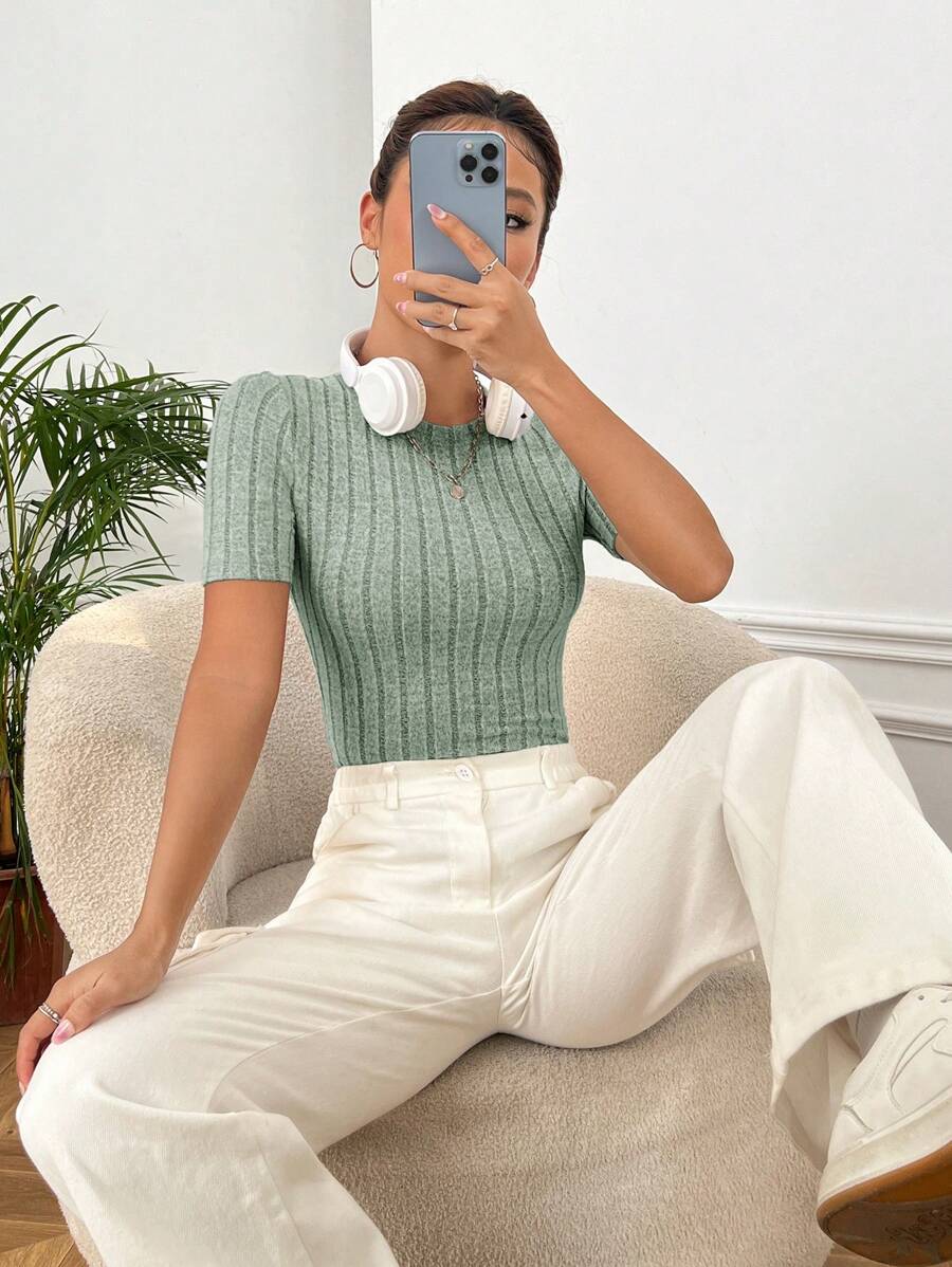 SHEIN EZwear 女款修身針織紋t恤 - 薄荷綠 - 查看 1