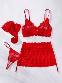 SHEIN Ropa Interior De Encaje Sexy Para Mujeres De Talla Grande - Rojo - Ver 2