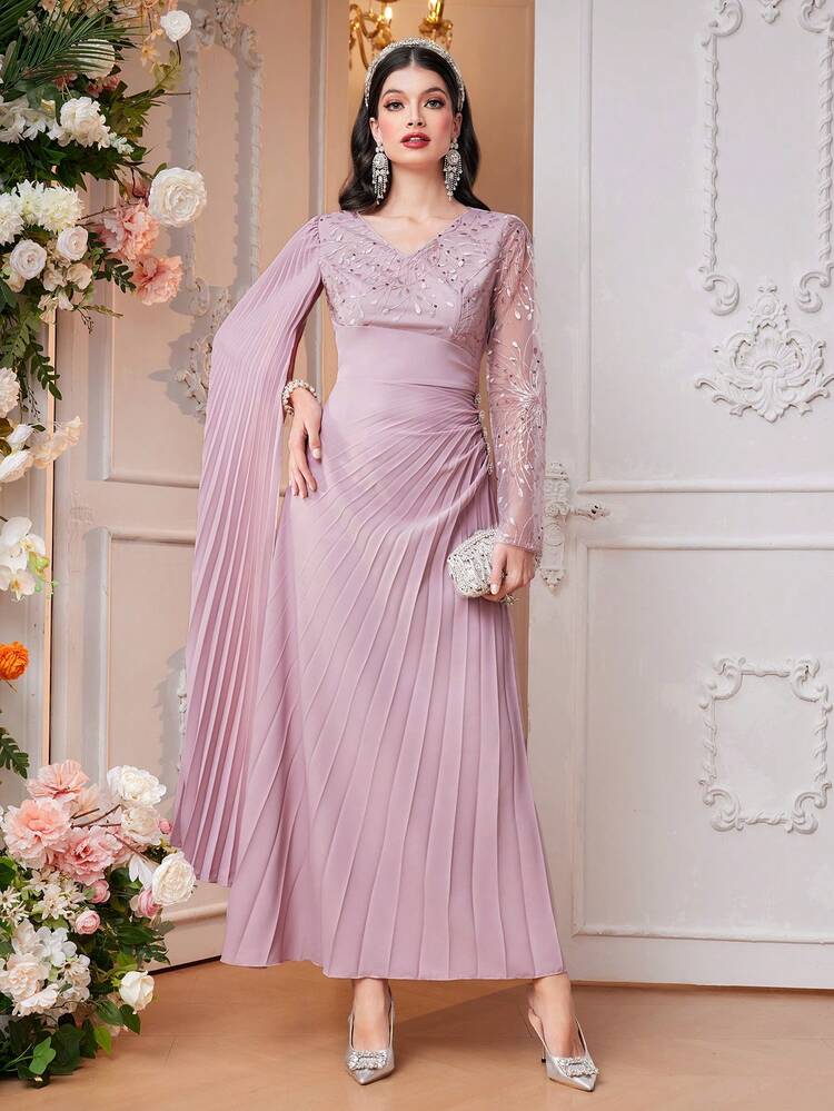 Women'S Dress With Plant Embroidery And Pleated Hem,Elegant Evening Party Dress Long Evening Dresses