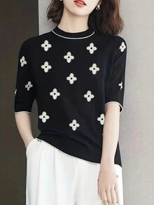 New Arrival Floral Round Neck Loose Short Sleeve Knit Top - Black - View 4